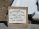 
Annie Matilda Lucock 18 Jun 1947 aged 84
Anglican Cemetery, Sherwood.


