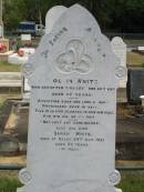 Collin White
Jun 22 1882 aged 37
also his wife
Sarah White
died at Oxley 24 Oct 1921 aged 70
Sherwood (Anglican) Cemetery, Brisbane