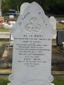 
Collin White 
Jun 22 1882 aged 37
also his wife
Sarah White
died at Oxley 24 Oct 1921 aged 70

Sherwood (Anglican) Cemetery, Brisbane
