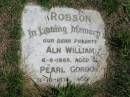 
Aln William Robson
4-8-1965 aged 81
Pearl Gordon Robson
31-10-1974 aged 89

Sherwood (Anglican) Cemetery, Brisbane
