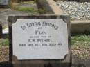 
Flo
wife of
F.W. STENZEL
12 Oct 1931 aged 40

Sherwood (Anglican) Cemetery, Brisbane

