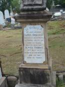 husband
Samuel DONALDSON
at Goodna
17 Jan 1918
aged 63
son
Alfred Thomas
in France
3 Jun 1917
aged 25
Sherwood (Anglican) Cemetery, Brisbane