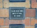 
Ellen Alice VINES
13-8-1956
86 yrs

Sherwood (Anglican) Cemetery, Brisbane
