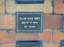Ellen Alice VINES
13-8-1956
86 yrs
Sherwood (Anglican) Cemetery, Brisbane