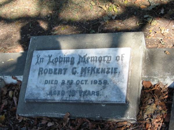 Robert C McKenzie Died 2 Oct 1959 aged 18 years  | Anglican Cemetery, Sherwood.  |   | 