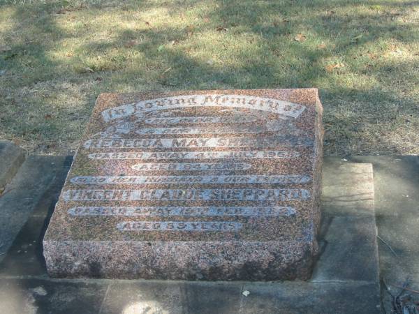 Rebecca May Sheppard 4 Jul 1959 aged 84  | Vincent Claude Sheppard 19 feb 1982 aged 88  | Anglican Cemetery, Sherwood.  |   | 