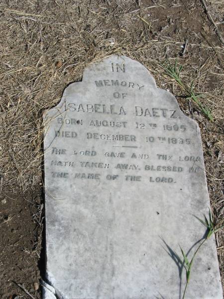 Isabella Daetz  | born Aug 12th 1895  | Died Dec 10th 1895  | Anglican Cemetery, Sherwood.  |   |   | 
