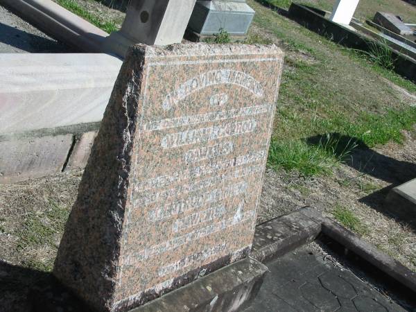 William Carrod Dawkins  | died 28 Apr 1945 aged 63  | wife  | Gertrude Emily Dawkins  | died 22 Apr 1975 aged 92 years  |   | Sherwood (Anglican) Cemetery, Brisbane  | 