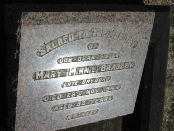 Mary (Minnie) Bradley  | Late Dayboro died 26 Nov 1944 aged 53 years  | Anglican Cemetery, Sherwood.  |   |   | 