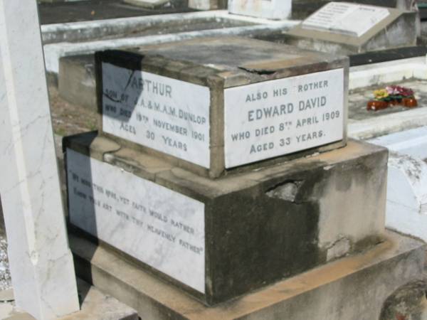 Arthur (son of J A and M A M Dunlop) 19th Nov 1901 aged 30  | Also brother Edward David (Dunlop) 8 Apr 1909 aged 33  | Anglican Cemetery, Sherwood.  |   |   | 