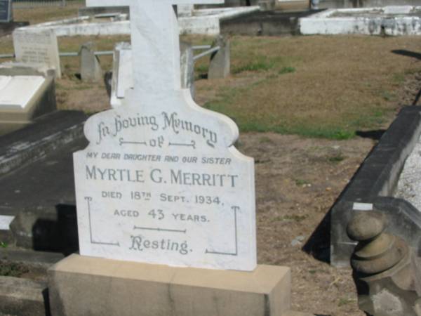 Myrtle G Merritt 18 Sep 1934 aged 43 yrs  | Anglican Cemetery, Sherwood.  |   |   | 