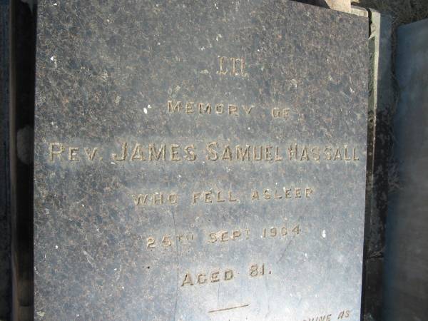 Rev James Samuel Hassall 25 Sep 1964 aged 81  |   | Anglican Cemetery, Sherwood.  |   |   | 