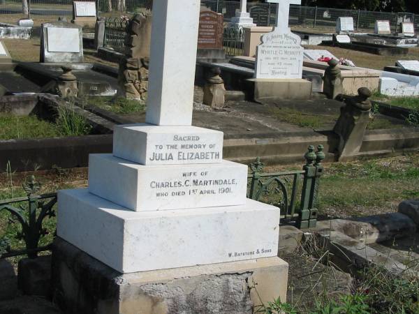 Julia Elizabeth (wife of) Charles C Martindale 1 Apr 1901  | Anglican Cemetery, Sherwood.  |   |   | 