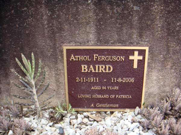 Sacred  | to  | the memory of  | Charles Queale Senr  | who died 23rd March 1897,  | aged 79 years.  | And to the memory of  | Mary Queale,  | who died May 7th 1912,  | Aged 88 years.  | Also Charles,  | beloved husband of Alice Queale  | who died June 11th 1933,  | aged 66 years.  |   | Alice Queale,  | who died November 23rd 1968 aged 89 years  | Patricia Amy Baird,  | who died June 11th 1968 aged 53 years.  |   | Athol Ferguson  | Baird  | 2-11-1911 ~ 11-8-2006  | aged 94 years  | Loving husband of Patricia  | A gentleman  |   | Sherwood (Anglican) Cemetery, Brisbane  | 