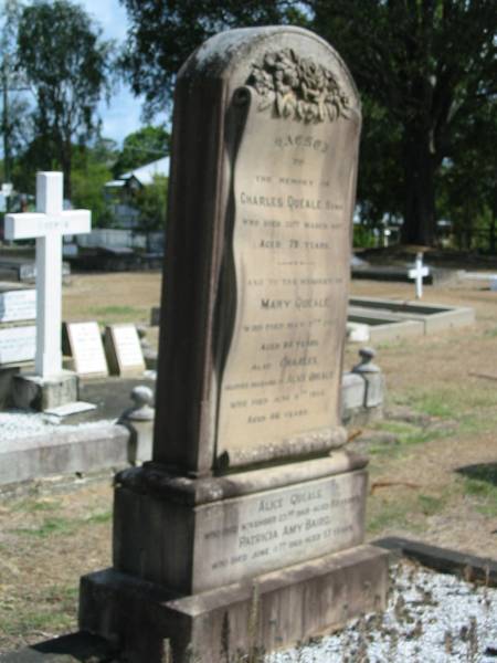 Sacred  | to  | the memory of  | Charles Queale Senr  | who died 23rd March 1897,  | aged 79 years.  | And to the memory of  | Mary Queale,  | who died May 7th 1912,  | Aged 88 years.  | Also Charles,  | beloved husband of Alice Queale  | who died June 11th 1933,  | aged 66 years.  |   | Alice Queale,  | who died November 23rd 1968 aged 89 years  | Patricia Amy Baird,  | who died June 11th 1968 aged 53 years.  |   | Athol Ferguson  | Baird  | 2-11-1911 ~ 11-8-2006  | aged 94 years  | Loving husband of Patricia  | A gentleman  |   | Sherwood (Anglican) Cemetery, Brisbane  | 