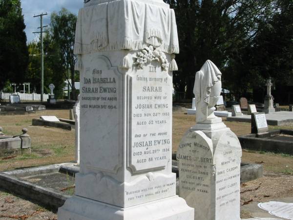 Ida Isabella Sarah Ewing  | daughter of above  | Mar 31 1954  |   | Sherwood (Anglican) Cemetery, Brisbane  | 