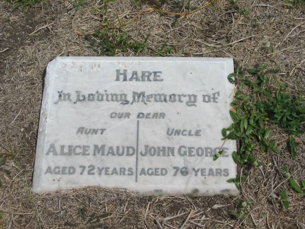 (Aunt) Alice Maud HARE aged 72  | (Uncle) John George HARE aged 76  |   | Sherwood (Anglican) Cemetery, Brisbane  | 