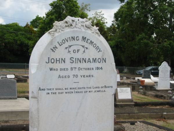 John Sinnamon  | died 8 October 1914 aged 70  |   | Sherwood (Anglican) Cemetery, Brisbane  | 
