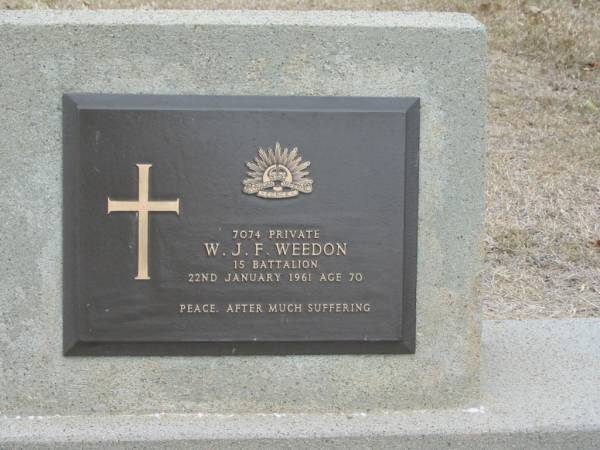 W J F Weedon  | 22 Jan 1961 age 70  |   | Sherwood (Anglican) Cemetery, Brisbane  | 