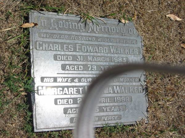 Charles Edward Walker  | 31 Mar 1983 aged 79 yrs  | Margaret ? Walker  | Died 2? April 1999  | aged ?5 years  |   | Sherwood (Anglican) Cemetery, Brisbane  | 
