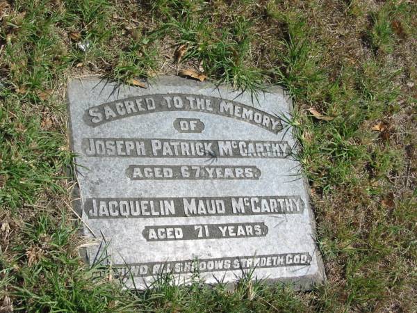 Joseph Patrick McCarthy aged 67  | Jacquelin Maud McCarthy aged 71  |   | Sherwood (Anglican) Cemetery, Brisbane  | 