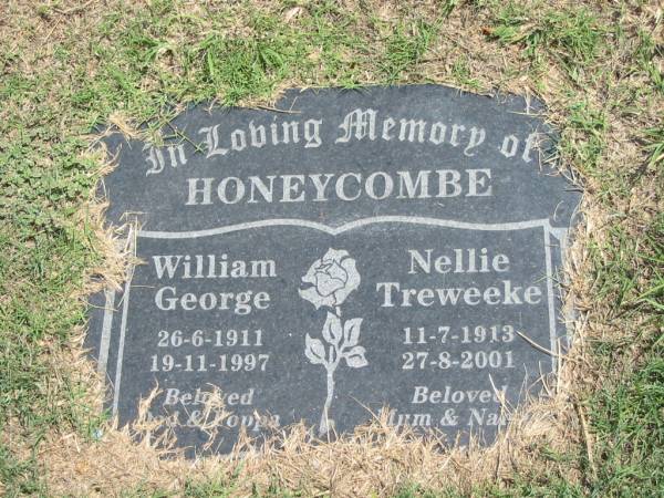 William George Honeycombe  | 26-6-1911 to 19-11-1997  | Nellie Treweeke Honeycombe  | 11-7-1913 to 27-8-2001  |   | Sherwood (Anglican) Cemetery, Brisbane  | 