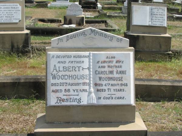 Albert Woodhouse  | died 20 Aug 1935 aged 58  | Caroline Anne Woodhouse  | dieed 4 Nov 1948 aged 71  |   | Sherwood (Anglican) Cemetery, Brisbane  | 