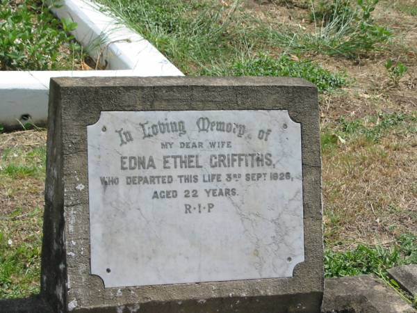 Edna Ethel Griffiths  | 3 Sep 1926 aged 22  |   | Sherwood (Anglican) Cemetery, Brisbane  | 