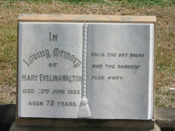 Mary Evelina WALTON  | 22 Jun 1925 aged 72  |   | Sherwood (Anglican) Cemetery, Brisbane  |   | 