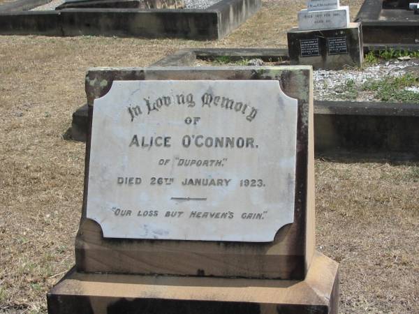 Alice O'Connor  | of Duporth  | 26 Jan 1923  |   | Sherwood (Anglican) Cemetery, Brisbane  |   | 