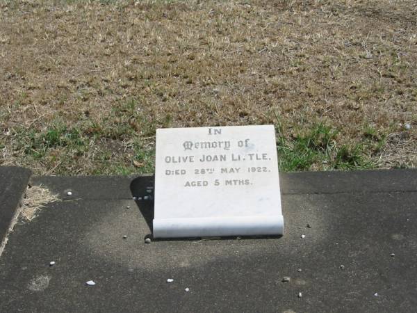 Olice Joan LITTLE  | 28 May 1922 aged 5 mths  |   | Sherwood (Anglican) Cemetery, Brisbane  |   | 