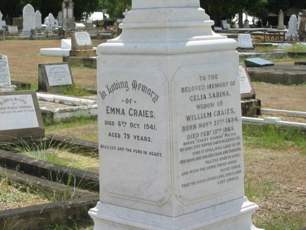 Emma CRAIES  | 6 Oct 1941 79  |   | Sherwood (Anglican) Cemetery, Brisbane  |   | 