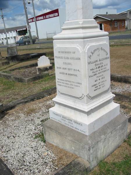 Frances Eliza Adelaide CRAIES  | Jan 20 1854 aged 10 months  |   | Frances Adelaide CRAIES  | 1888 - 1968  |   | Sherwood (Anglican) Cemetery, Brisbane  |   | 