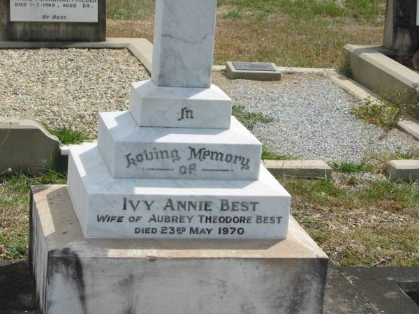Ivy Annie BEST  | wife of  | Aubrey Theodore BEST  | 23 May 1970  |   | Sherwood (Anglican) Cemetery, Brisbane  |   | 