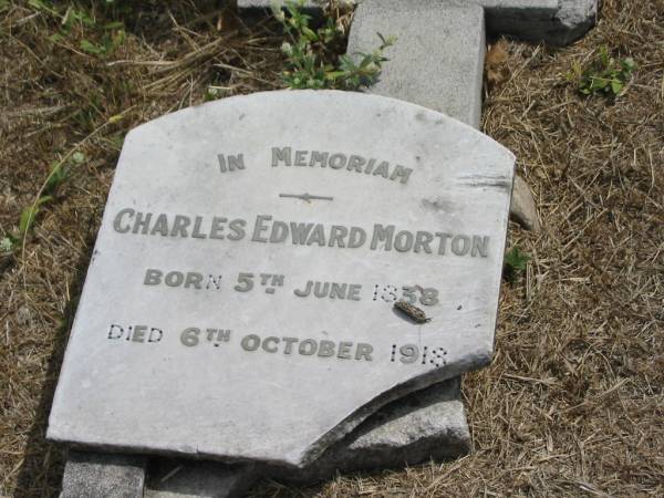 Charles Edward MORTON  | born: 5 Jun 1838  | died: 6 Oct 1918  |   | and wife  | Felicia Emily MORTON  | 28 Jan 1924 aged 77  |   | Sherwood (Anglican) Cemetery, Brisbane  |   | 