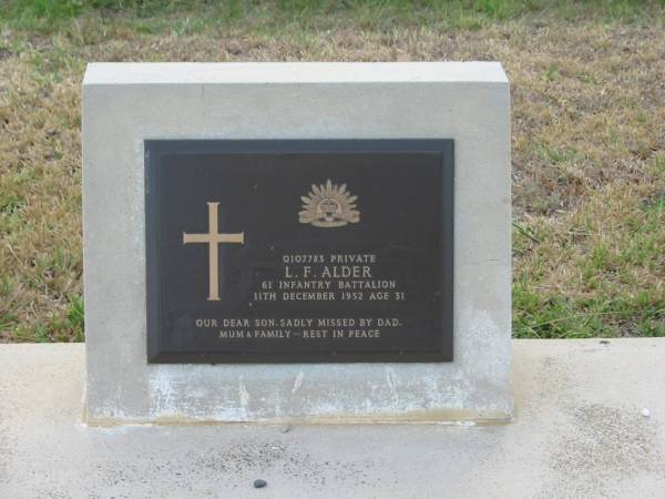L.F. ALDER  | 11 Dec 1952 age 31  |   | Sherwood (Anglican) Cemetery, Brisbane  |   | 