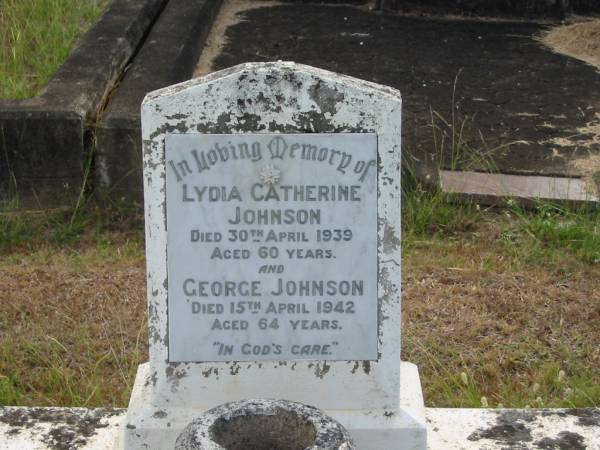 Lydia Catherine JOHNSON  | 30 Apr 1939 aged 60  | George JOHNSON  | 15 Apr 1942 aged 64  |   | Sherwood (Anglican) Cemetery, Brisbane  |   | 