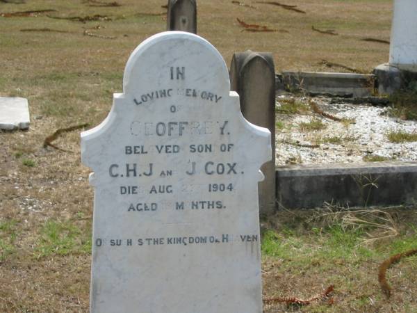 Geoffrey  | son of  | C H J and J COX  | 27 Aug 1904 aged 18 mths  |   | 