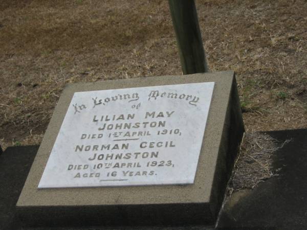 Lilian May JOHNSTON  | 1 Apr 1910  | Norman Cecil JOHNSTON  | 10 Apr 1923  | aged 16  |   | Sherwood (Anglican) Cemetery, Brisbane  |   | 