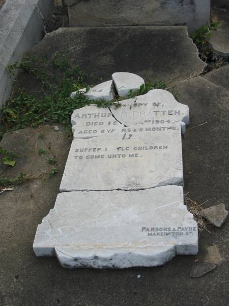 Arthur R PRATTEN  | 22 Feb 1904  | aged 6 yrs and 5 months  |   | Sherwood (Anglican) Cemetery, Brisbane  |   | 
