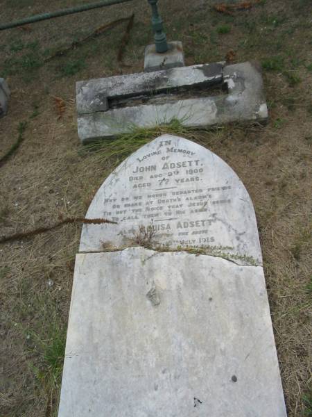 John ADSETT  | 9 Aug 1900  | aged 77  |   | Louisa ADSETT  | 10 Jul 1915  | aged 87  |   | Sherwood (Anglican) Cemetery, Brisbane  |   | 
