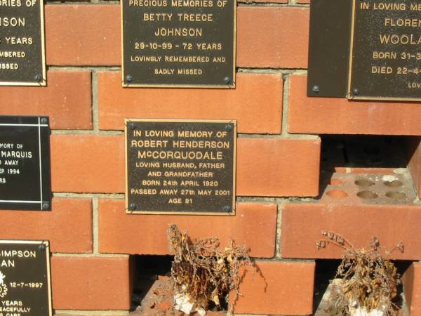 Robert Henderson McCORQUODALE  | born 24 Apr 1920  | died 27 May 2001  | age 81  |   | Sherwood (Anglican) Cemetery, Brisbane  |   | 