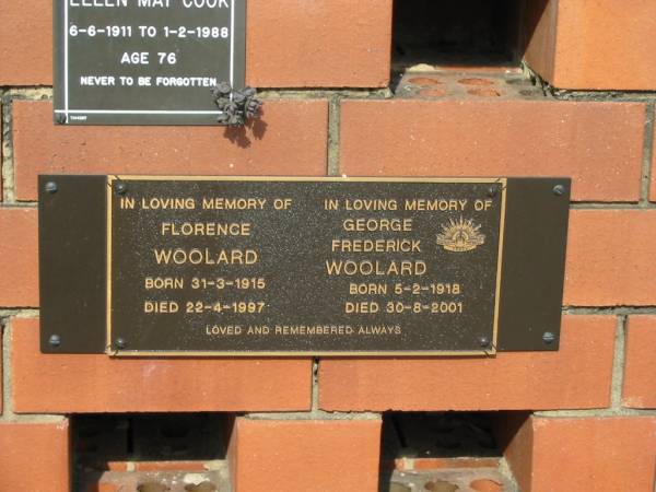 Florence WOOLARD  | Born 31-3-1915  | died 22-4-1997  |   | George Frederick WOOLARD  | born 5-2-1918  | Died 30-8-2001  |   | Sherwood (Anglican) Cemetery, Brisbane  |   | 