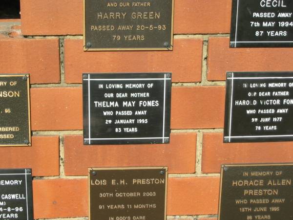 Thelma May FONES  | 2 Jan 1995  | 83 yrs  |   | Sherwood (Anglican) Cemetery, Brisbane  |   | 