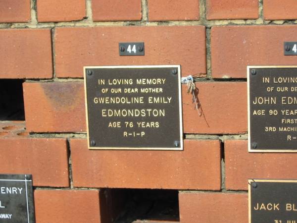Gwendoline Emily EDMONDSTON  | aged 76  |   | Sherwood (Anglican) Cemetery, Brisbane  |   | 