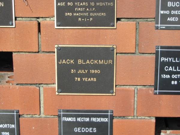 Jack BLACKMUR  | 31 Jul 1990  | 78 yrs  |   | Sherwood (Anglican) Cemetery, Brisbane  |   | 