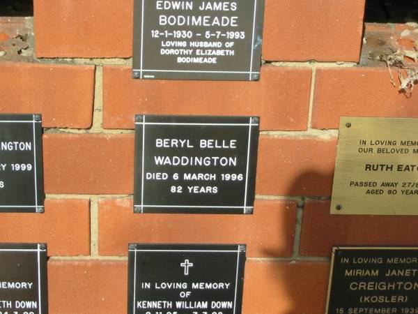 Beryl Belle WADDINGTON  | 6 Mar 1996  | aged 82  |   | Sherwood (Anglican) Cemetery, Brisbane  | 