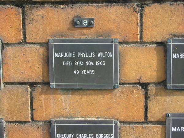 Marjorie Phyllis WILTON  | 20 Nov 1963  | aged 49 yrs  |   | Sherwood (Anglican) Cemetery, Brisbane  | 
