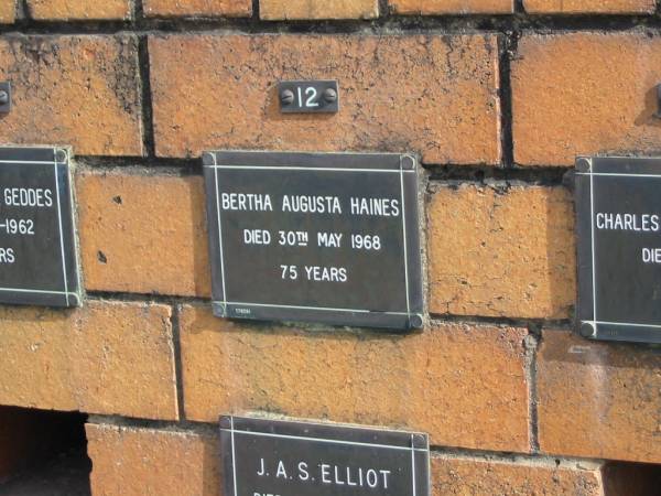 Bertha Augusta HAINES  | 30 May 1968  | 75 yrs  |   | Sherwood (Anglican) Cemetery, Brisbane  | 