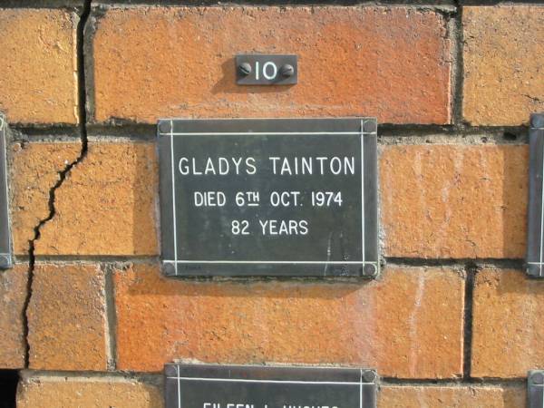 Gladys TAINTON  | 6-Oct-1974  | 82 yrs  |   | Sherwood (Anglican) Cemetery, Brisbane  | 